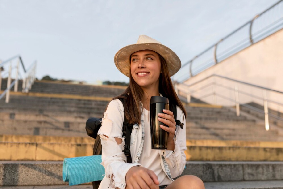 A young woman sits on concrete steps, holding a black travel mug, wearing a white denim jacket and straw hat, with a yoga mat beside her.