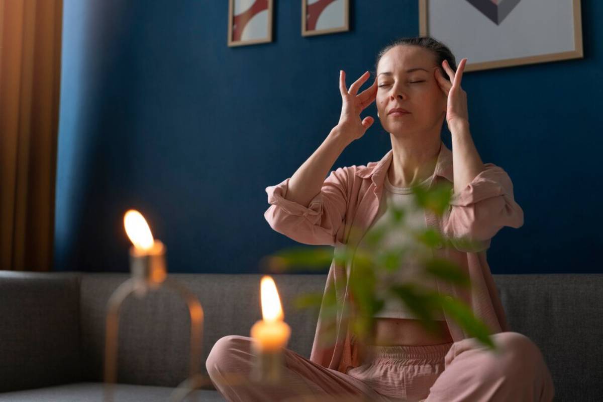 Woman meditating at home, sitting cross-legged with eyes closed and fingers on temples, candles lit nearby.
